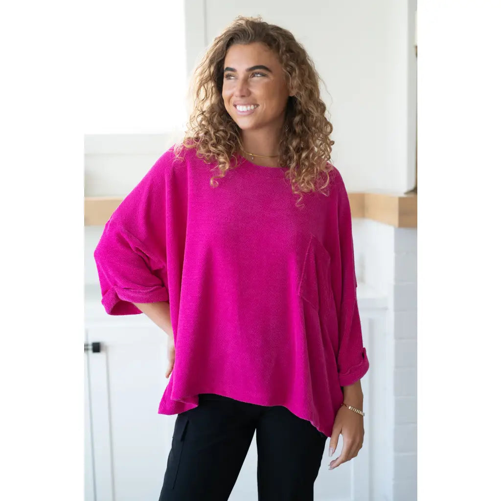 Wrap yourself in comfort with our Pink Thoughts Chenille Top. Featuring a cozy chenille knit round neckline drop