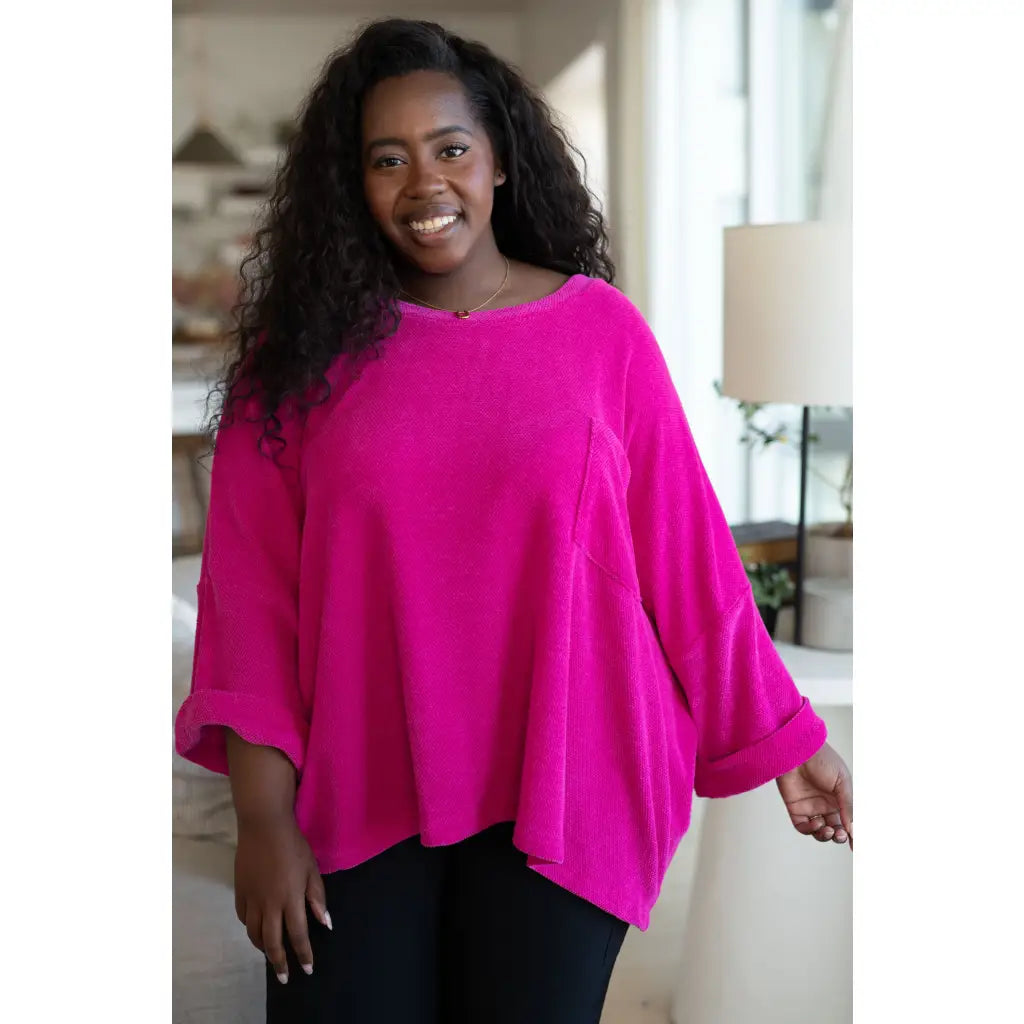 Wrap yourself in comfort with our Pink Thoughts Chenille Top. Featuring a cozy chenille knit round neckline drop