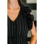 Ruffle My Pinstripes Midi Dress in black with white pinstripes. A chic plus size midi dress ruffle sleeves elastic