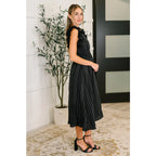 Ruffle My Pinstripes Midi Dress in black with white pinstripes. A chic plus size midi dress ruffle sleeves elastic