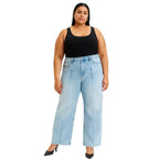 Chic pintuck detailed wide leg jeans with high waist stretch comfort and modern style. Elevated everyday stretchy denim