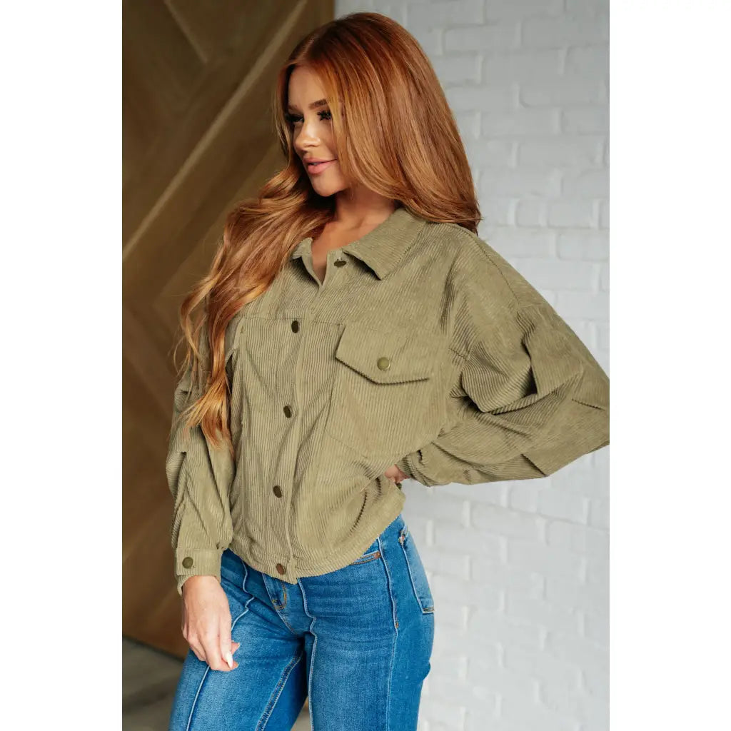 Fall in love with the Pistachio Latte Corduroy Jacket. Boutique-worthy relaxed fit plus sizes available and ships 2