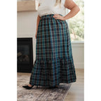 Fall in love with this plaid maxi skirt featuring a tiered hem and elastic back waist. A perfect plus size holiday look