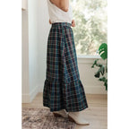 Fall in love with this plaid maxi skirt featuring a tiered hem and elastic back waist. A perfect plus size holiday look