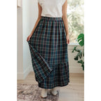 Fall in love with this plaid maxi skirt featuring a tiered hem and elastic back waist. A perfect plus size holiday look