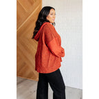 Textured caramel hoodie with v-neck elbow patches and an oversized fit. Fall boutique style plus size friendly for cozy