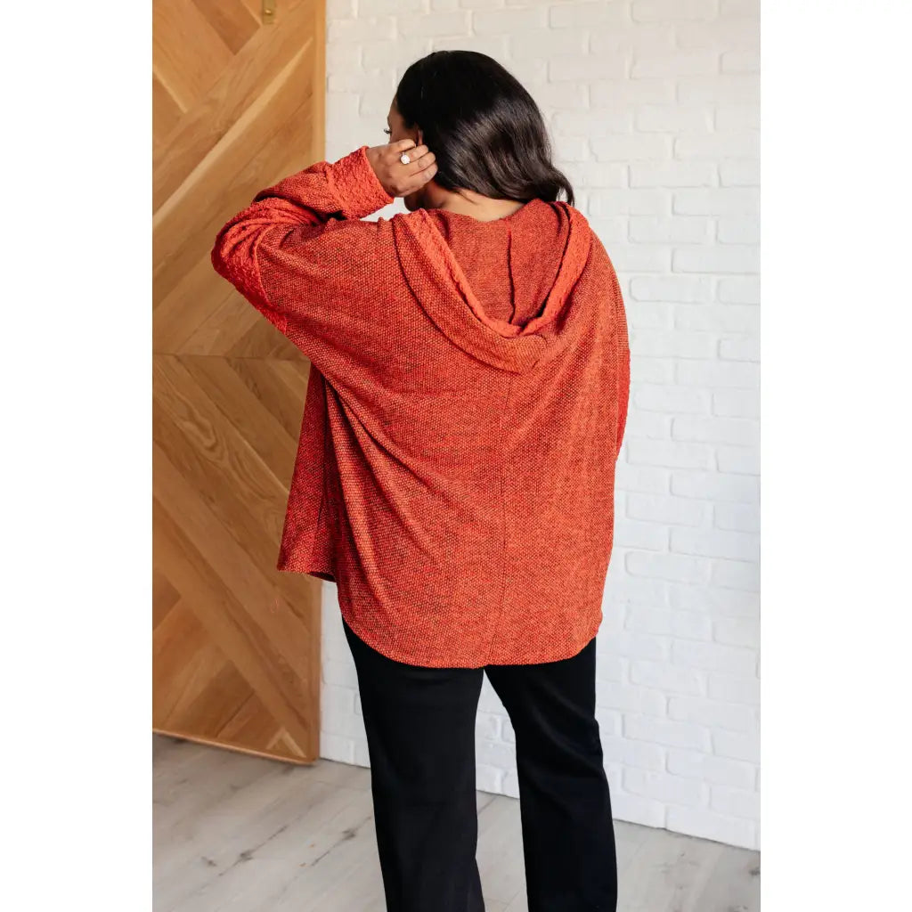 Textured caramel hoodie with v-neck elbow patches and an oversized fit. Fall boutique style plus size friendly for cozy