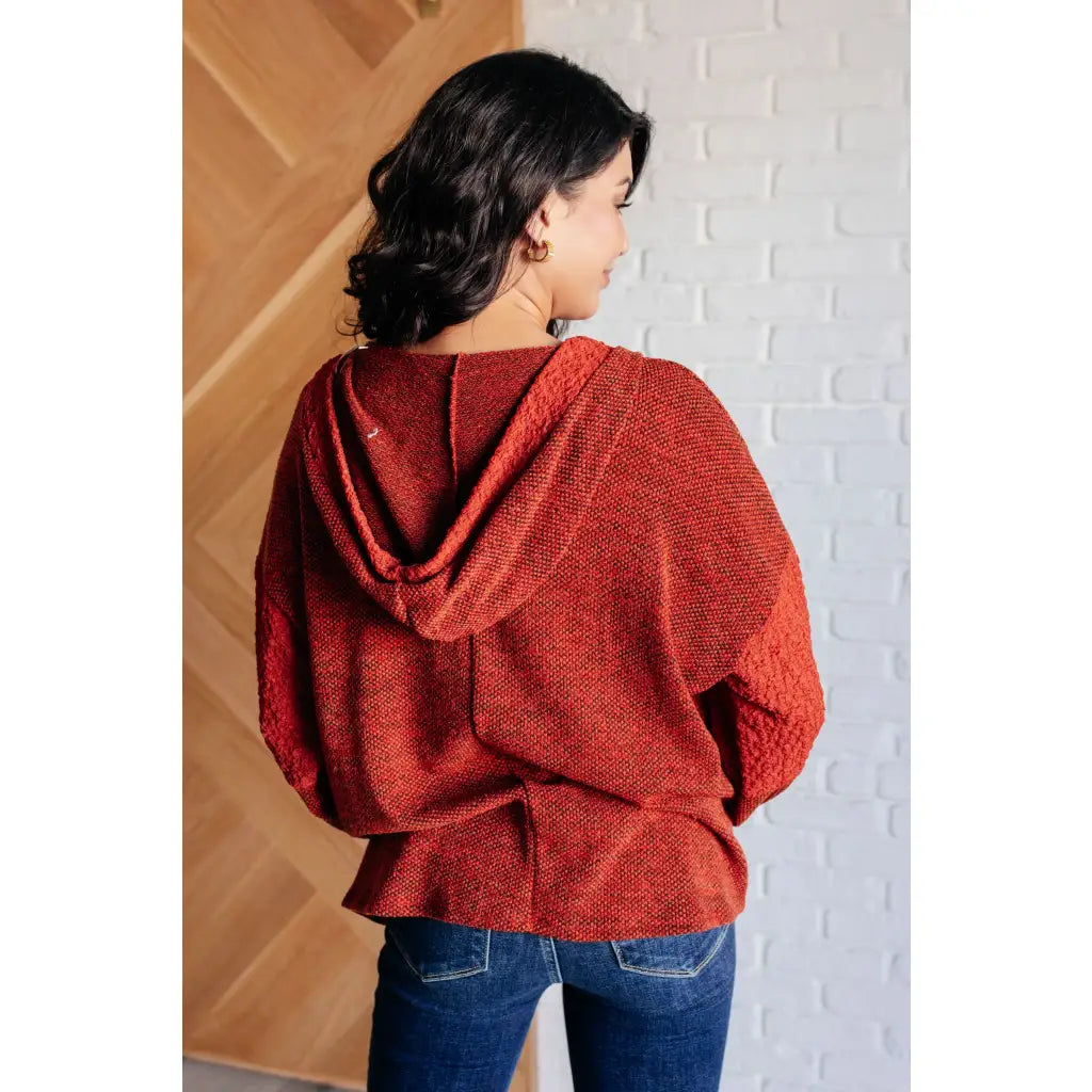 Textured caramel hoodie with v-neck elbow patches and an oversized fit. Fall boutique style plus size friendly for cozy