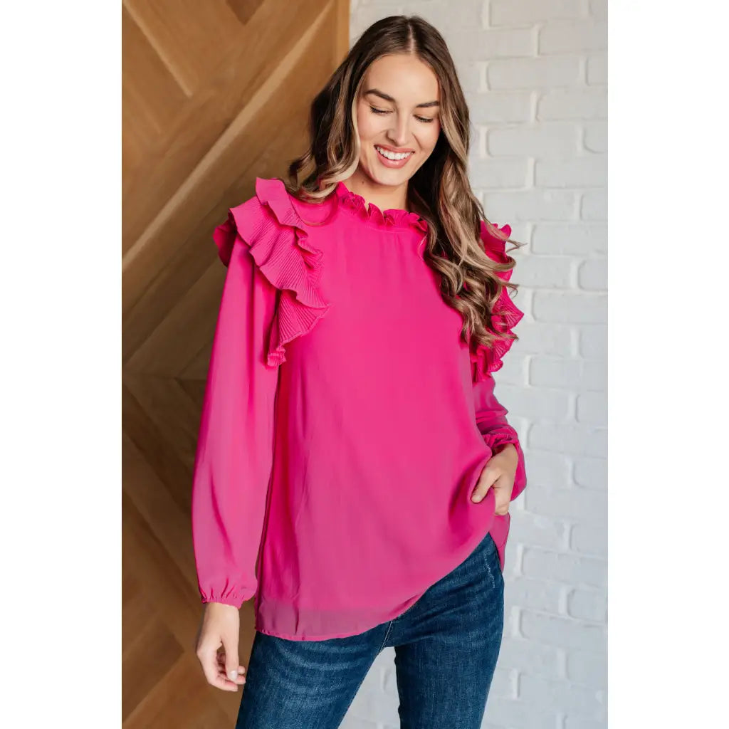 Shop our Pretty in Pink Ruffle Blouse regular and plus sizes. Work-appropriate pink blouse with a polished fit feminine