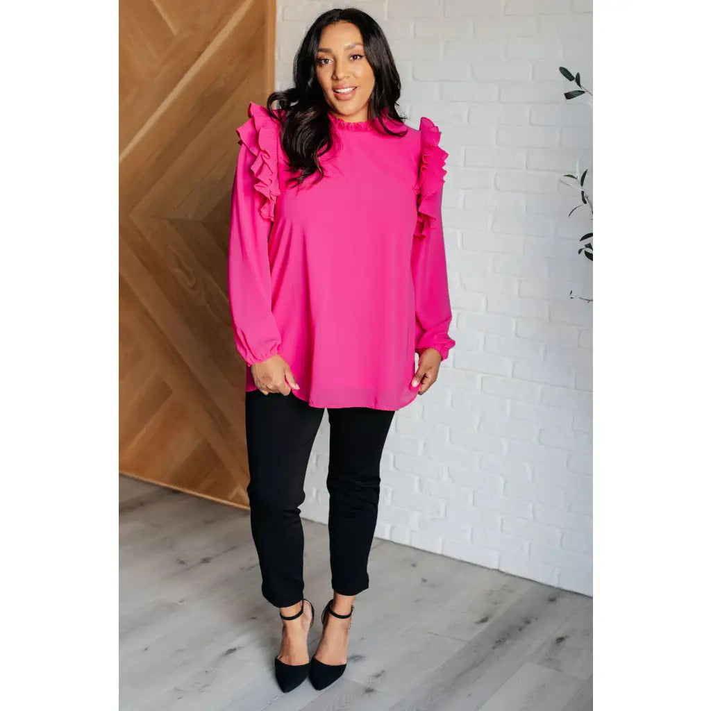 Shop our Pretty in Pink Ruffle Blouse regular and plus sizes. Work-appropriate pink blouse with a polished fit feminine