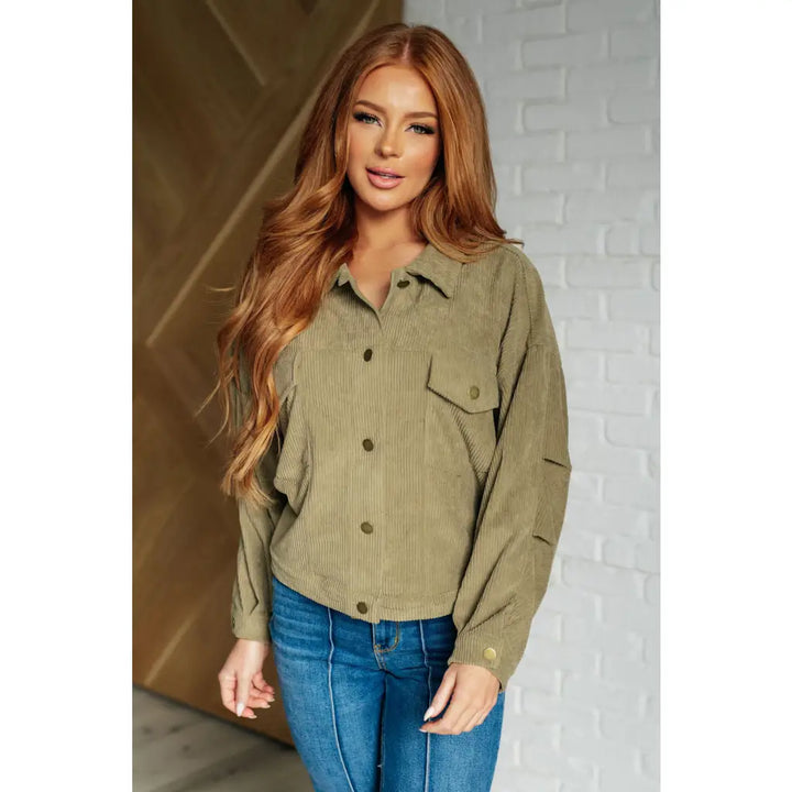 Primrose Corduroy Jacket in Olive Green - Jackets