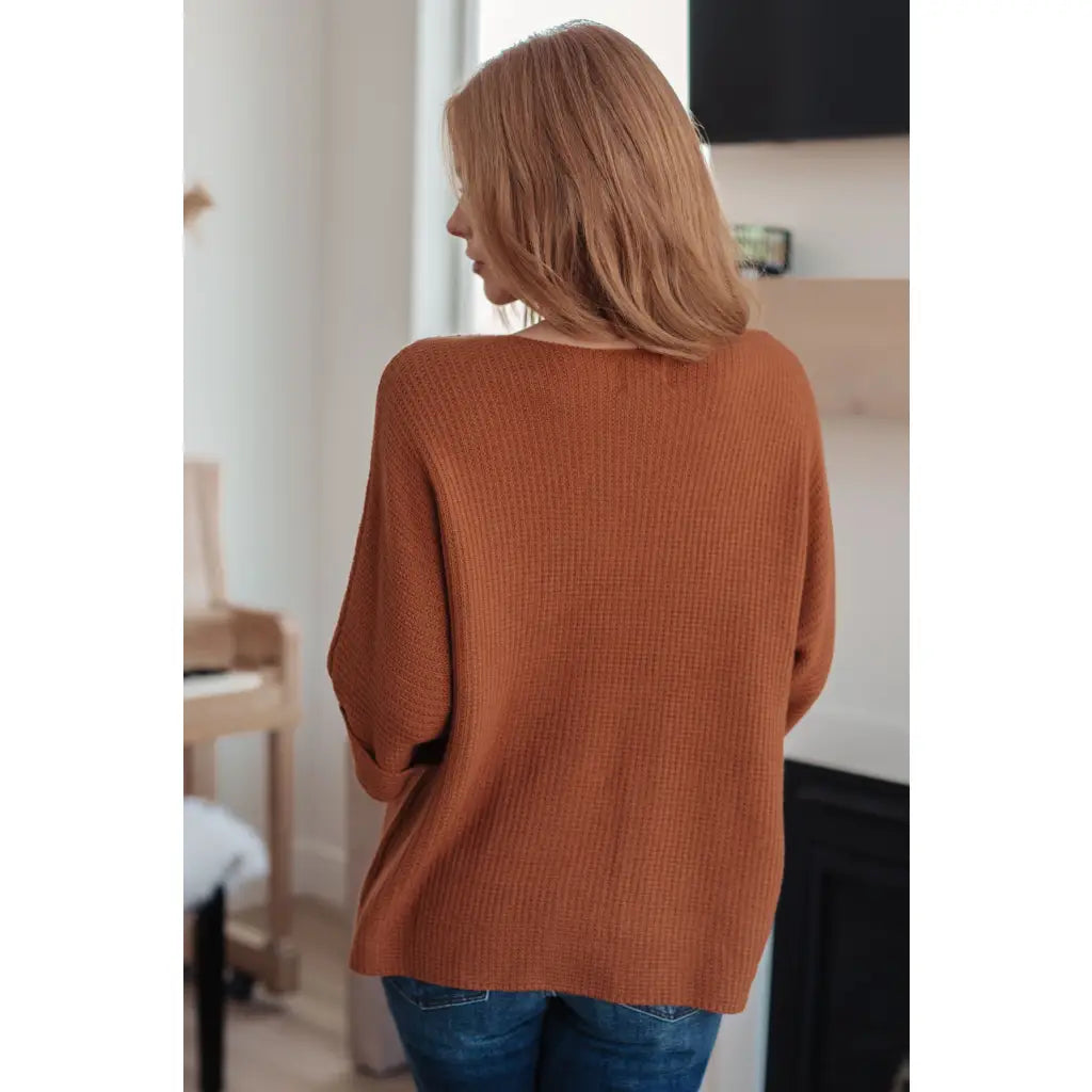 Lightweight oversized dolman knit short sleeve sweater in pumpkin spice. Perfect for Southern fall fashion. Plus size
