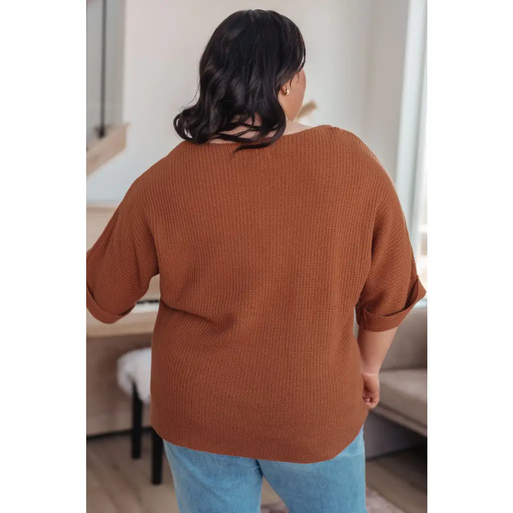 Lightweight oversized dolman knit short sleeve sweater in pumpkin spice. Perfect for Southern fall fashion. Plus size