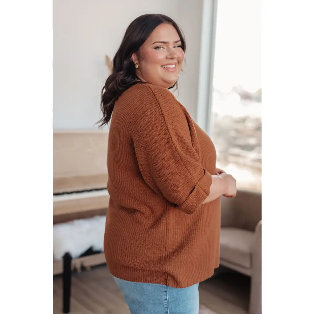 Lightweight oversized dolman knit short sleeve sweater in pumpkin spice. Perfect for Southern fall fashion. Plus size