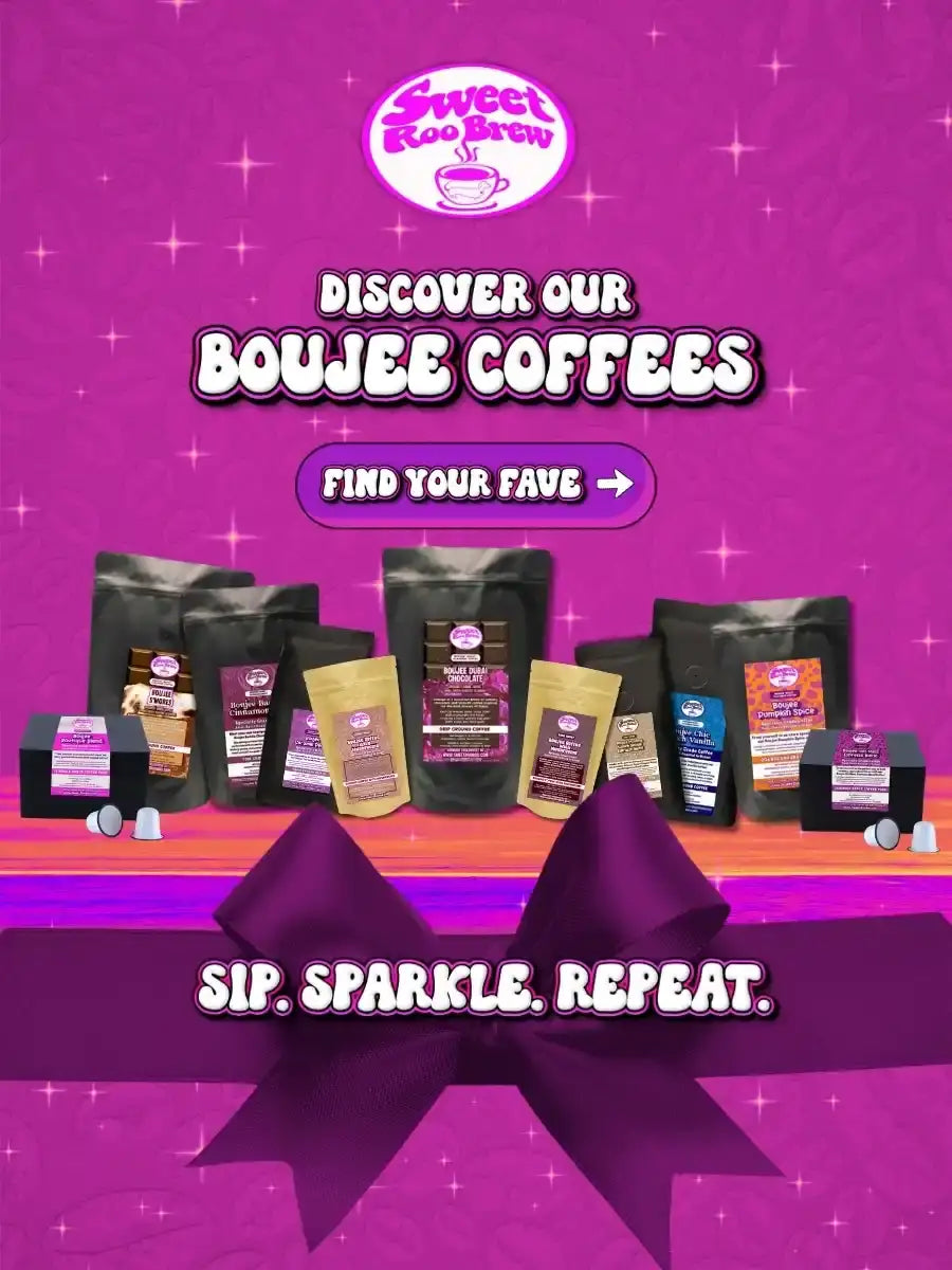 Purple and black coffee bags with colorful labels from sweet roo brew.