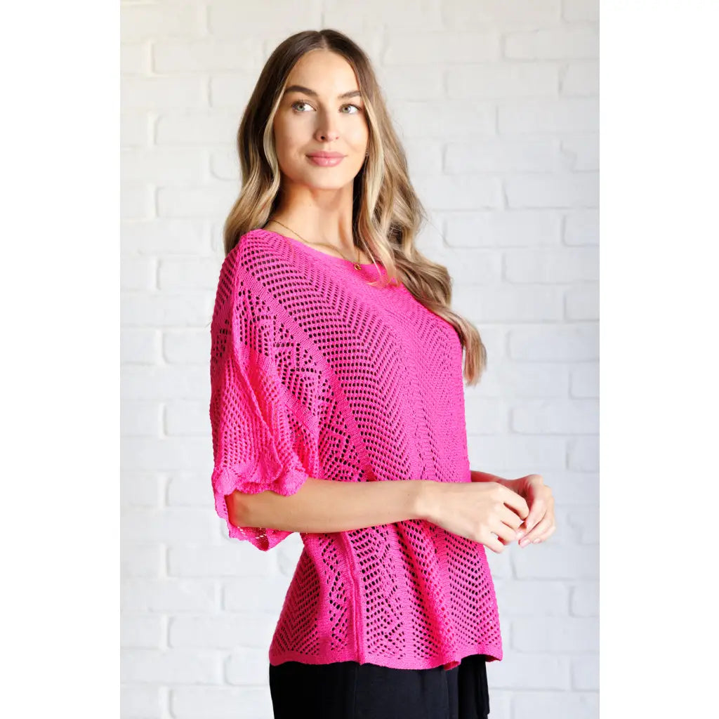 Be the life of party in our Rather Eventful Open Knit Top! Made from a cozy bright pink sweater knit this top has high