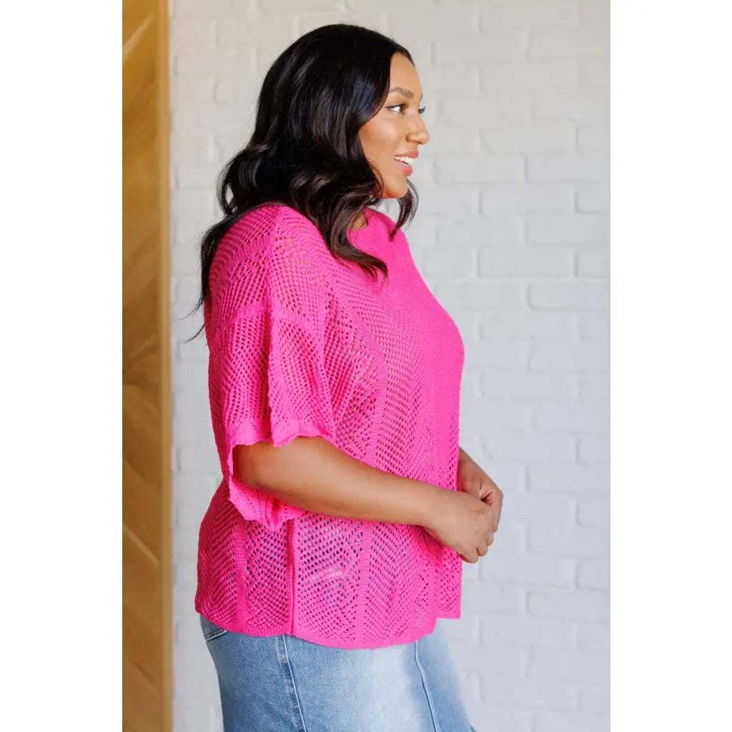 Be the life of party in our Rather Eventful Open Knit Top! Made from a cozy bright pink sweater knit this top has high