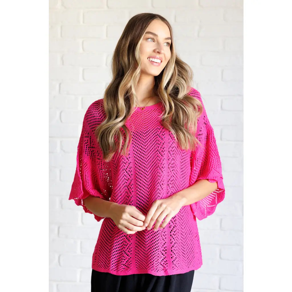 Be the life of party in our Rather Eventful Open Knit Top! Made from a cozy bright pink sweater knit this top has high