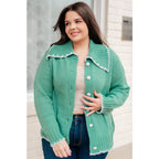 Our relaxed and cozy Ready for Surprises Cardigan features a soft green sweater knit exaggerated shawl collar contrast