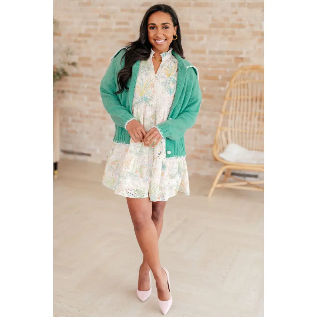 Our relaxed and cozy Ready for Surprises Cardigan features a soft green sweater knit exaggerated shawl collar contrast