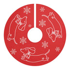 Red and white fleece tree skirt with mini dachshunds in cute bandanas. Cozy playful holiday decor for dog lovers. Sweet