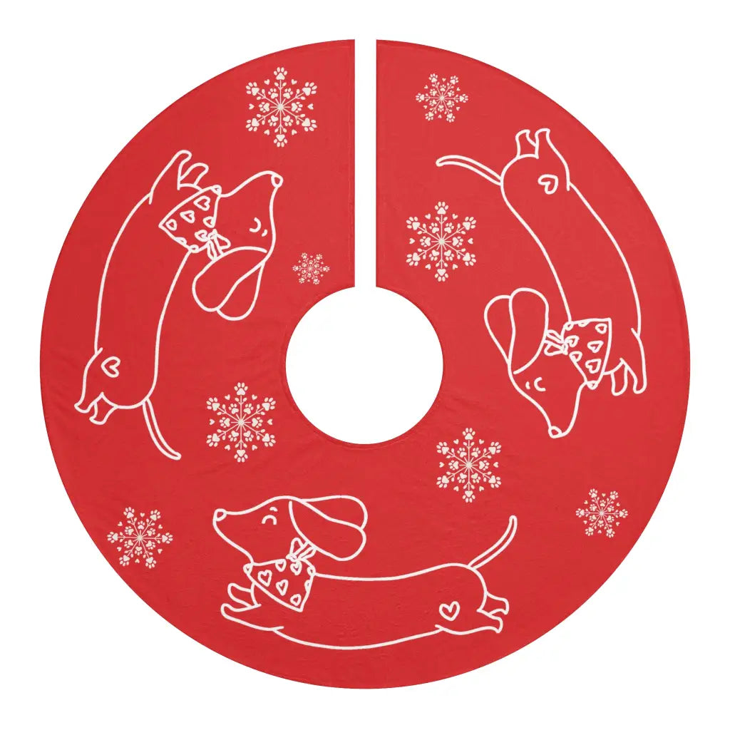 Red and white fleece tree skirt with mini dachshunds in cute bandanas. Cozy playful holiday decor for dog lovers. Sweet