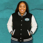 Varsity jacket with Red Dachshund Patch in black colorways. Boutique fit cozy plus size options for stylish dachshund