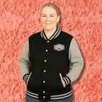 Varsity jacket with Red Dachshund Patch in black colorways. Boutique fit cozy plus size options for stylish dachshund