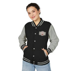 Varsity jacket with Red Dachshund Patch in black colorways. Boutique fit cozy plus size options for stylish dachshund