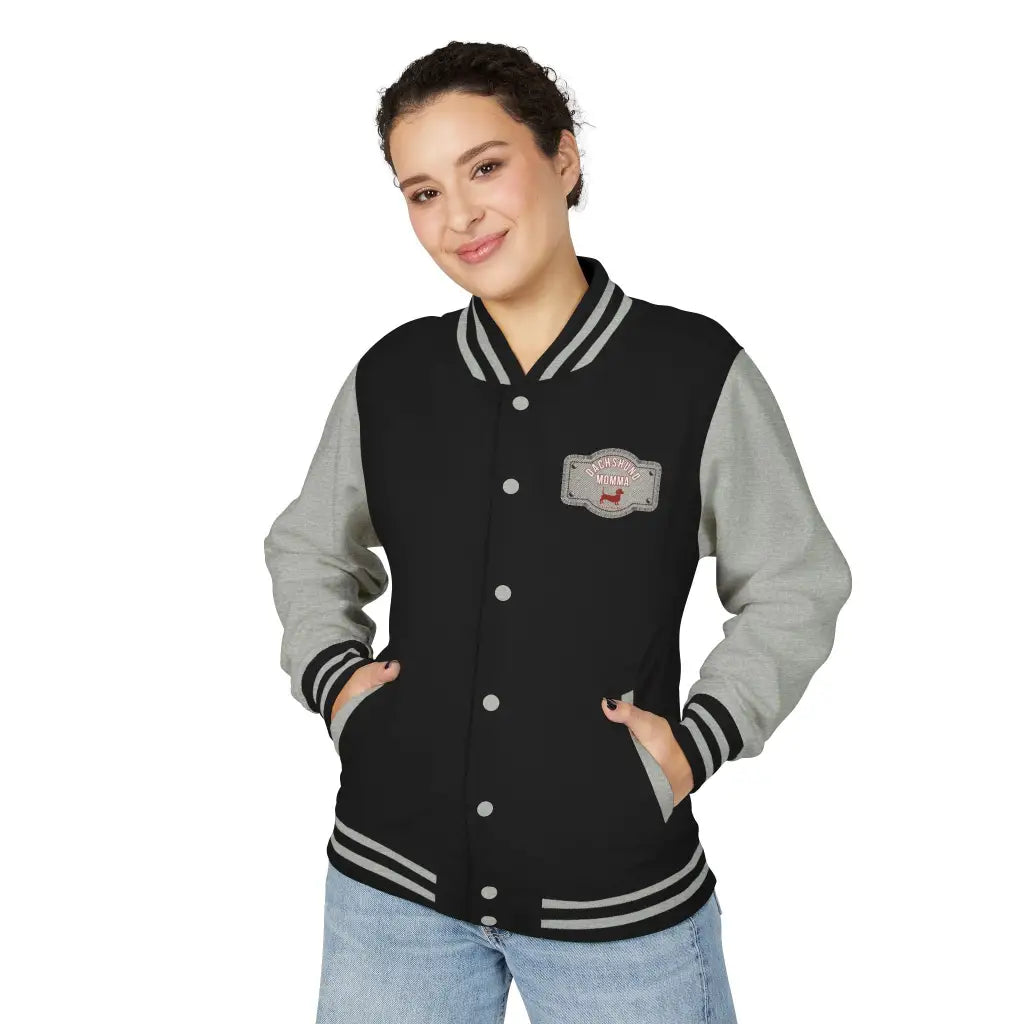 Varsity jacket with Red Dachshund Patch in black colorways. Boutique fit cozy plus size options for stylish dachshund