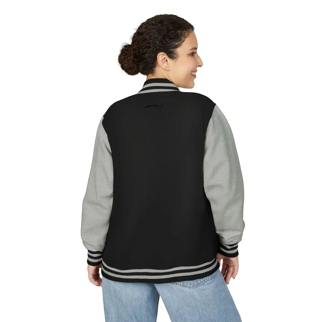 Varsity jacket with Red Dachshund Patch in black colorways. Boutique fit cozy plus size options for stylish dachshund