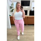 Slip into chic comfort with the Pretty in Pink Denim Joggers by Judy Blue. Boutique glam meets playful vibes — curvy
