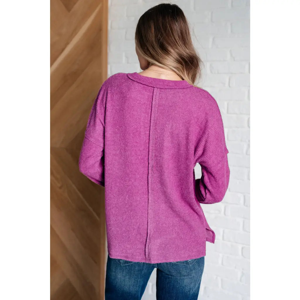 Our Relax Already Sweater in Light Plum features a soft mid weight brushed ribbed knit round neckline drop shoulder