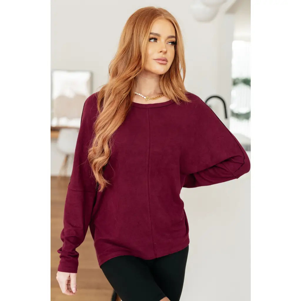 Oversized dolman top in wine jersey knit with relaxed fit and soft drape. Perfect plus size friendly everyday