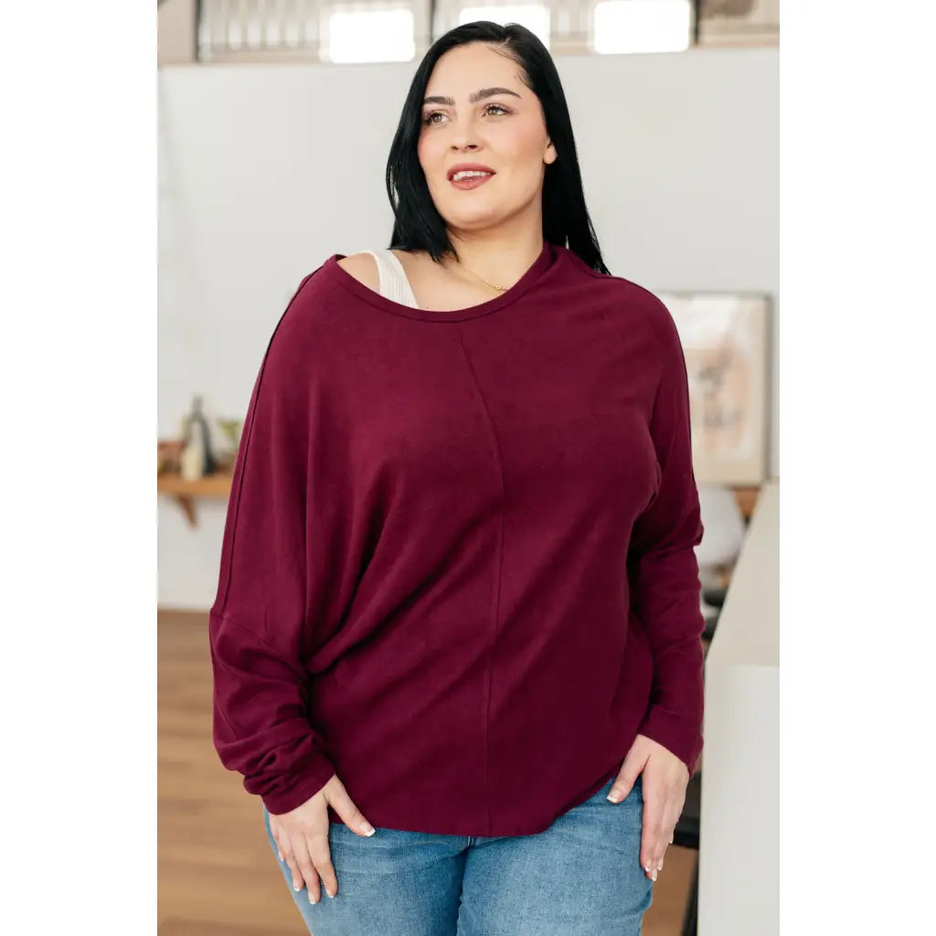 Oversized dolman top in wine jersey knit with relaxed fit and soft drape. Perfect plus size friendly everyday