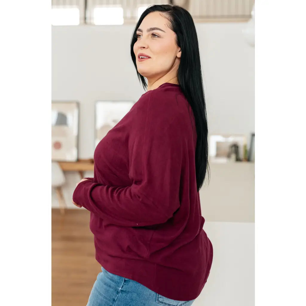 Oversized dolman top in wine jersey knit with relaxed fit and soft drape. Perfect plus size friendly everyday