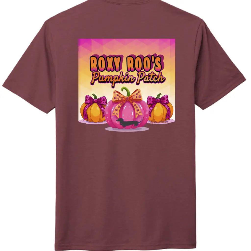 Pumpkin tee with Roxy Roo’s miniature dachshund silhouette paw print bow unisex fit and cozy comfort for fall pumpkin