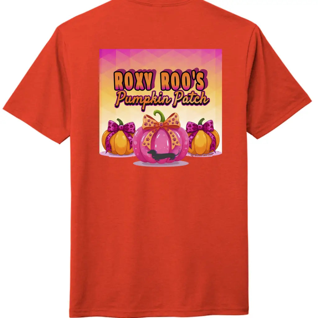 Pumpkin tee with Roxy Roo’s miniature dachshund silhouette paw print bow unisex fit and cozy comfort for fall pumpkin