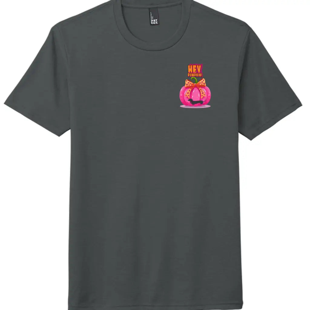 Pumpkin tee with Roxy Roo’s miniature dachshund silhouette paw print bow unisex fit and cozy comfort for fall pumpkin