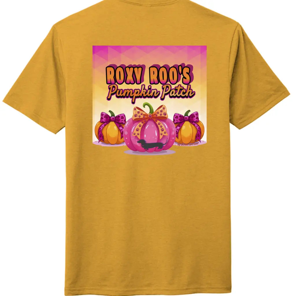 Pumpkin tee with Roxy Roo’s miniature dachshund silhouette paw print bow unisex fit and cozy comfort for fall pumpkin