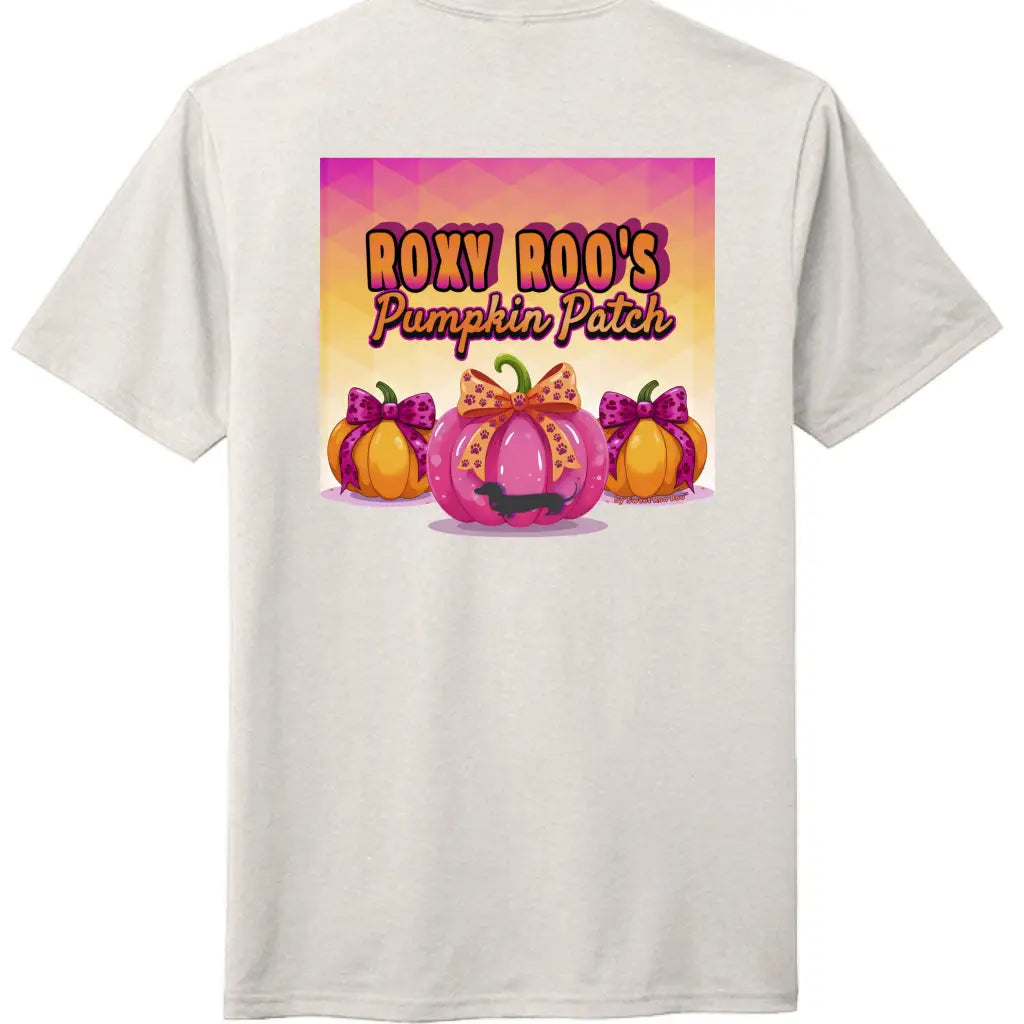 Pumpkin tee with Roxy Roo’s miniature dachshund silhouette paw print bow unisex fit and cozy comfort for fall pumpkin
