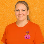 Pumpkin tee with Roxy Roo’s miniature dachshund silhouette paw print bow unisex fit and cozy comfort for fall pumpkin