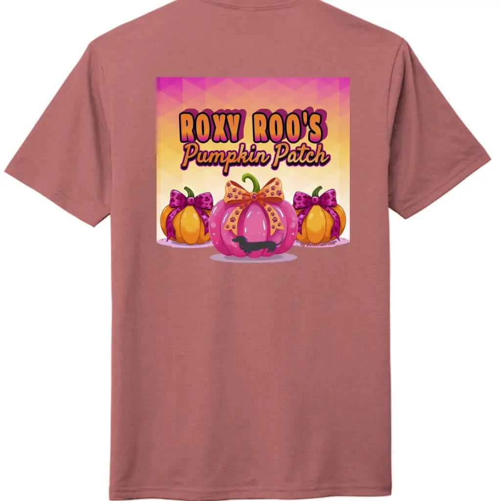 Pumpkin tee with Roxy Roo’s miniature dachshund silhouette paw print bow unisex fit and cozy comfort for fall pumpkin