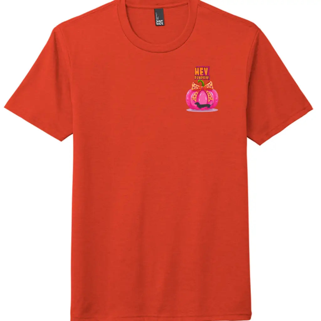 Pumpkin tee with Roxy Roo’s miniature dachshund silhouette paw print bow unisex fit and cozy comfort for fall pumpkin