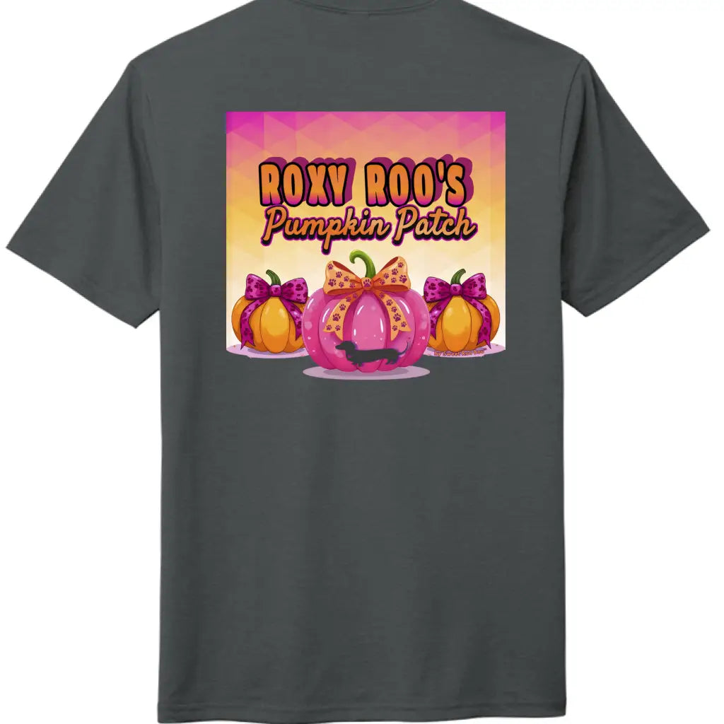 Pumpkin tee with Roxy Roo’s miniature dachshund silhouette paw print bow unisex fit and cozy comfort for fall pumpkin