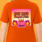 Pumpkin tee with Roxy Roo’s miniature dachshund silhouette paw print bow unisex fit and cozy comfort for fall pumpkin