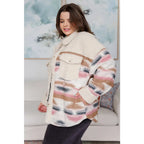 Our Sedona Sunset Sherpa Shacket is a must-have item that features brushed Aztec patterned woven fabric sherpa fleece