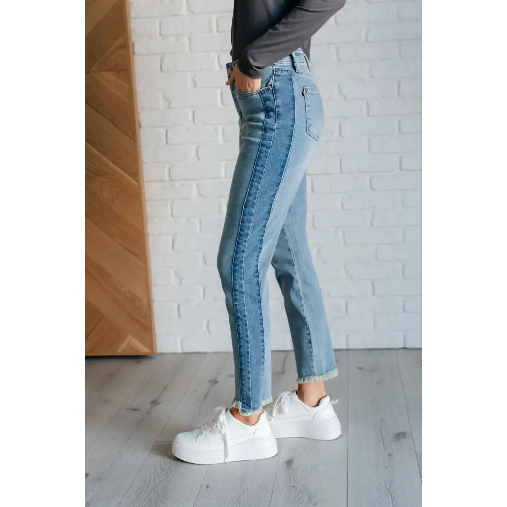 Get ready to elevate your denim game with our Side Panel High Rise Slim Judy Blue Jeans. Easily style for just about