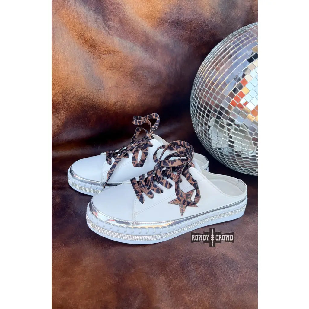 Chic slide-on tennis shoes with a leopard star and silver sparkle contrasts designed for fashionistas! True to size