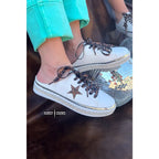 Chic slide-on tennis shoes with a leopard star and silver sparkle contrasts designed for fashionistas! True to size
